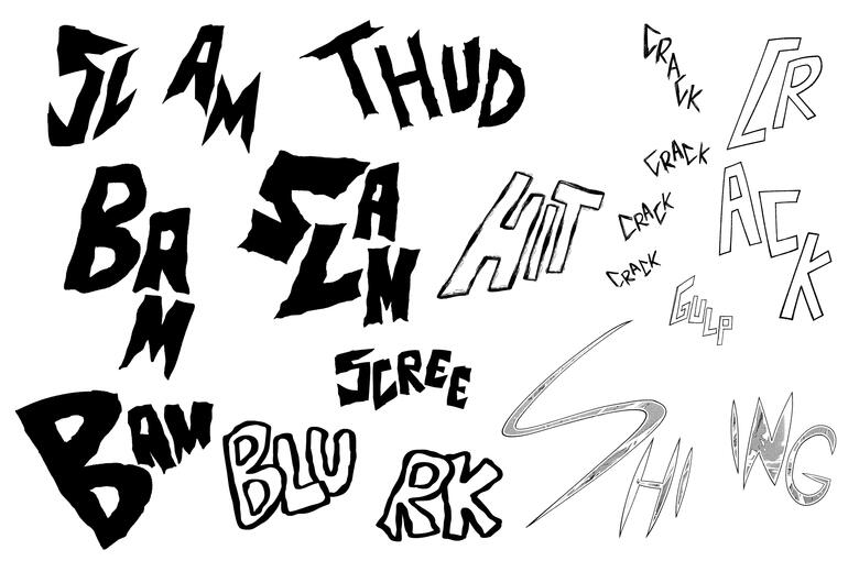 Hand-drawn SFX, signs and labels.